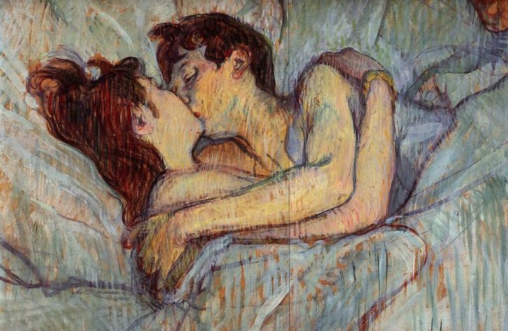 artwork of couple kissing in bed under sheets