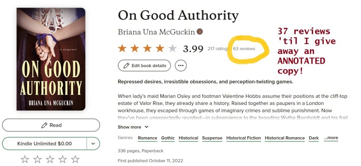 screenshot of On Good Authority's Goodreads page; "63 reviews" is circled, and added text reads "37 reviews 'til I give away an ANNOTATED copy!
